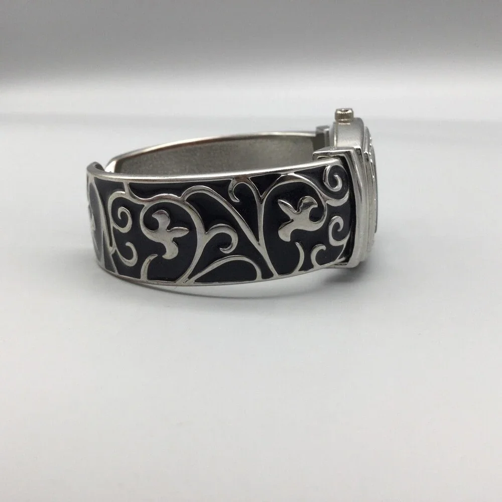 Studio Time Watch Womens 26mm Silver Tone Black Crystals Hinged Cuff New Battery